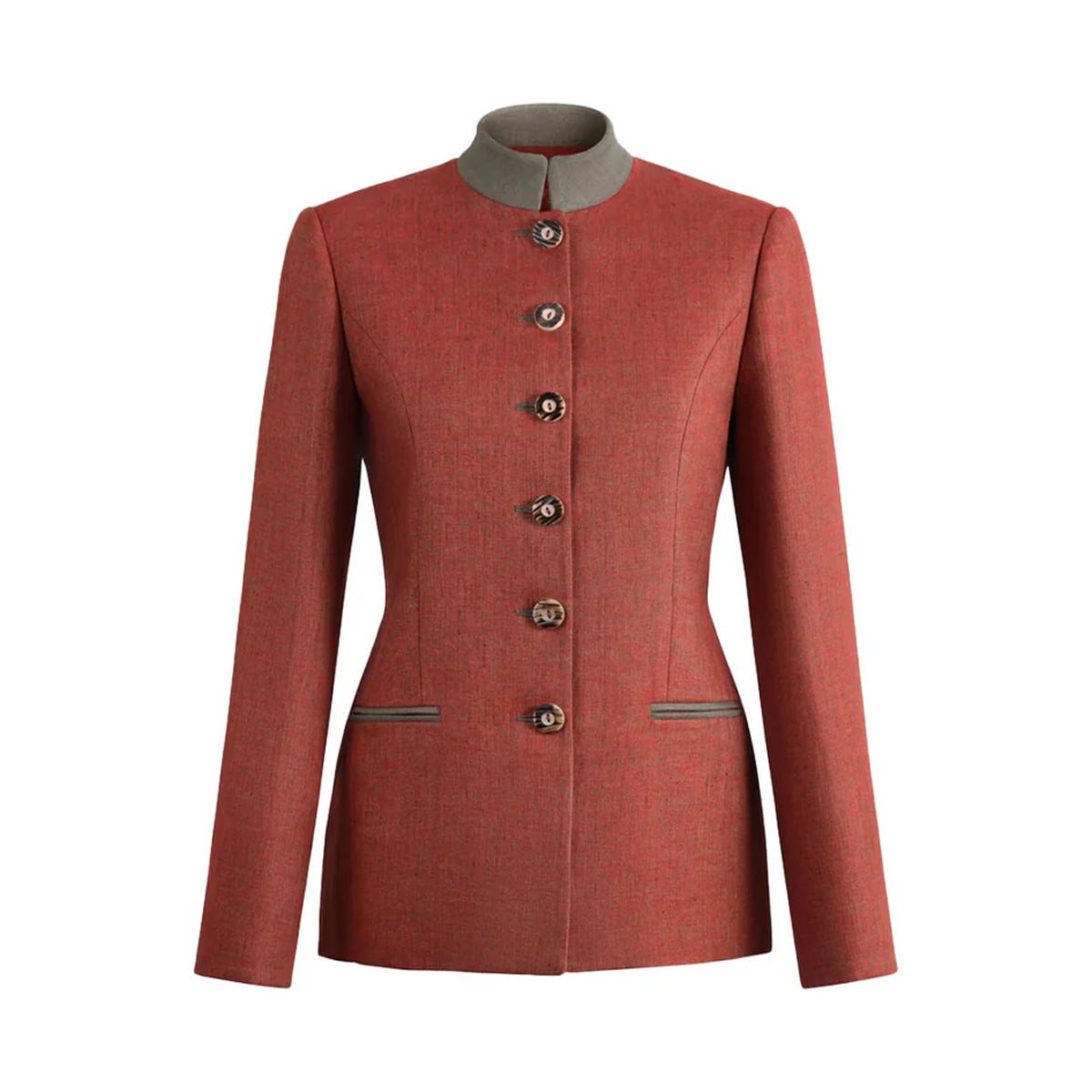 Front view of Louise Jacket in Terracotta Linen showcasing olive green collar and tailored waist on white background