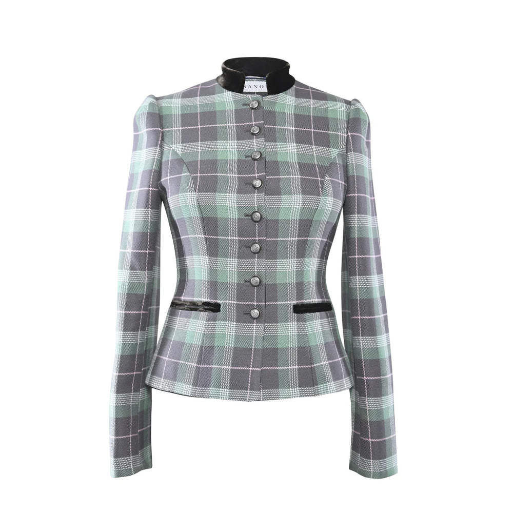 Front view of Annabelle Jade plaid green velvet jacket showing high collar, fitted waist, button-front and black welt pockets