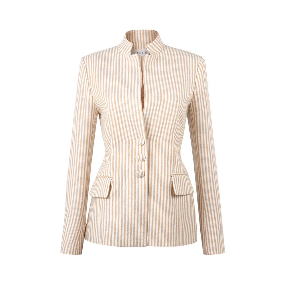 Front view of Daisy Cabane blazer in beige and white stripes with stand collar, three fabric-covered buttons and flap pockets