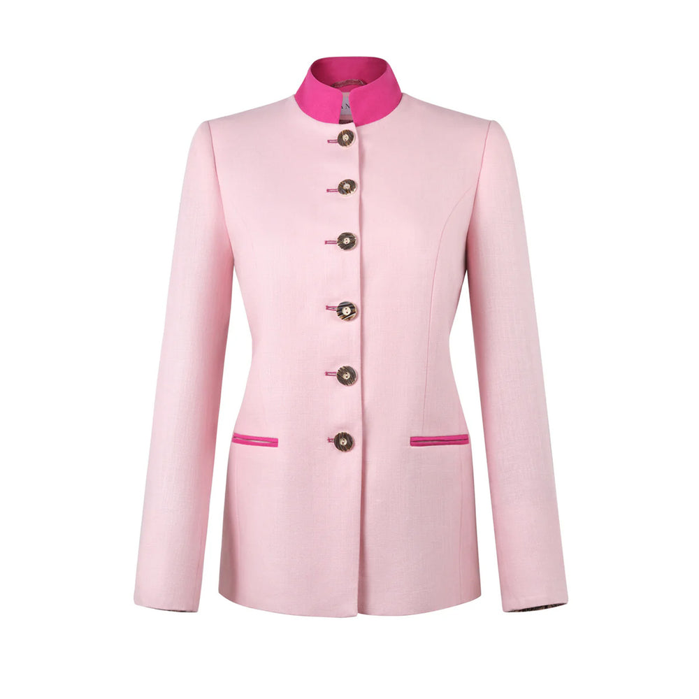 Front view of Louise Chérie pink linen jacket with horn buttons and contrasting hot-pink collar and pocket trim on white