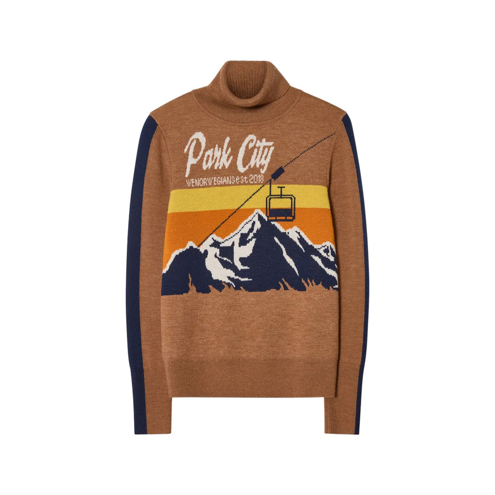 Front view of AfterSki sweater in brown showcasing mountain and gondola graphic, turtleneck, and navy side stripes on white background