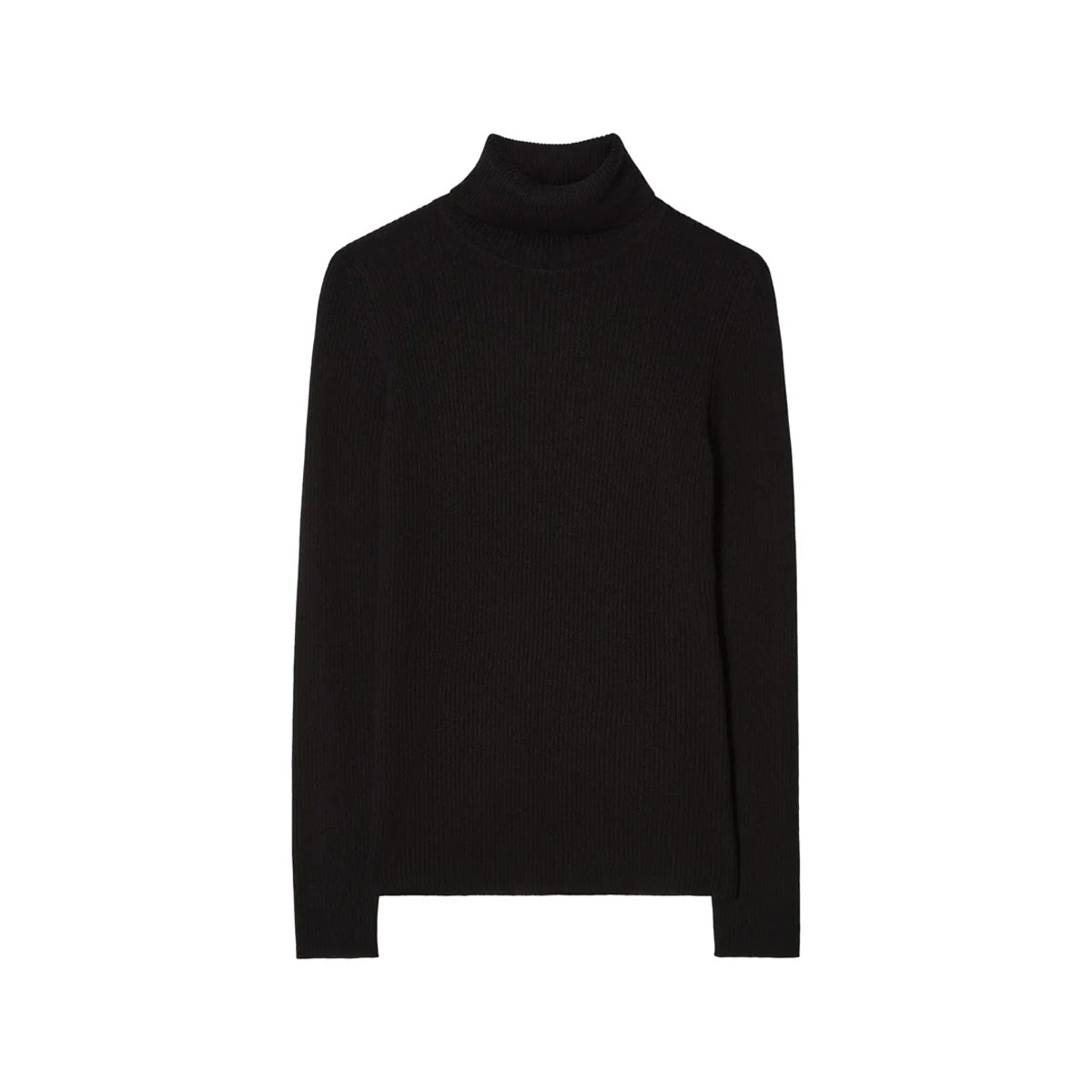 Front view of Geilo turtleneck sweater in black showing ribbed texture and roll-neck collar on white background