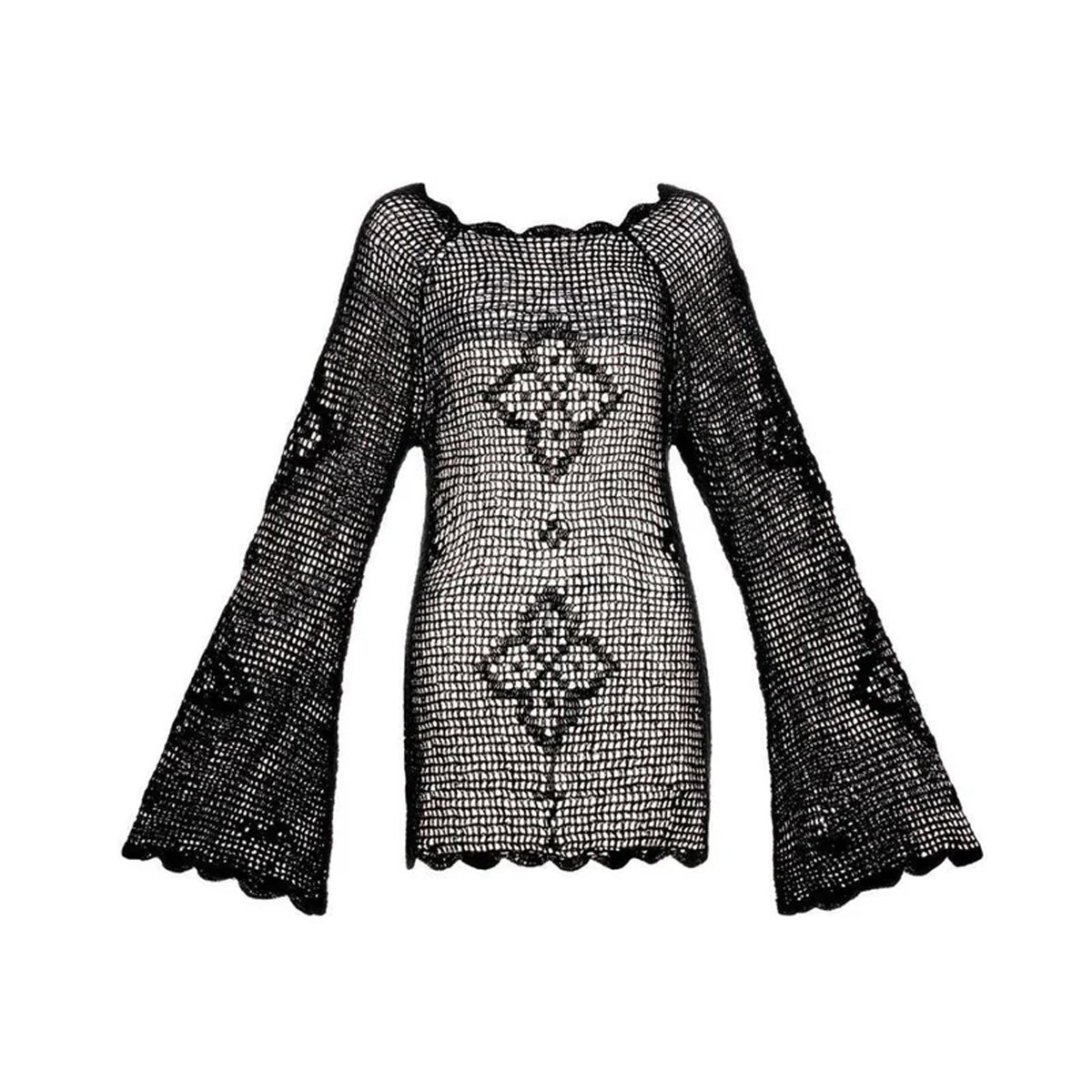 Front view of Boh Top in Black showcasing sheer crochet, long bell sleeves, and decorative trim on a white background