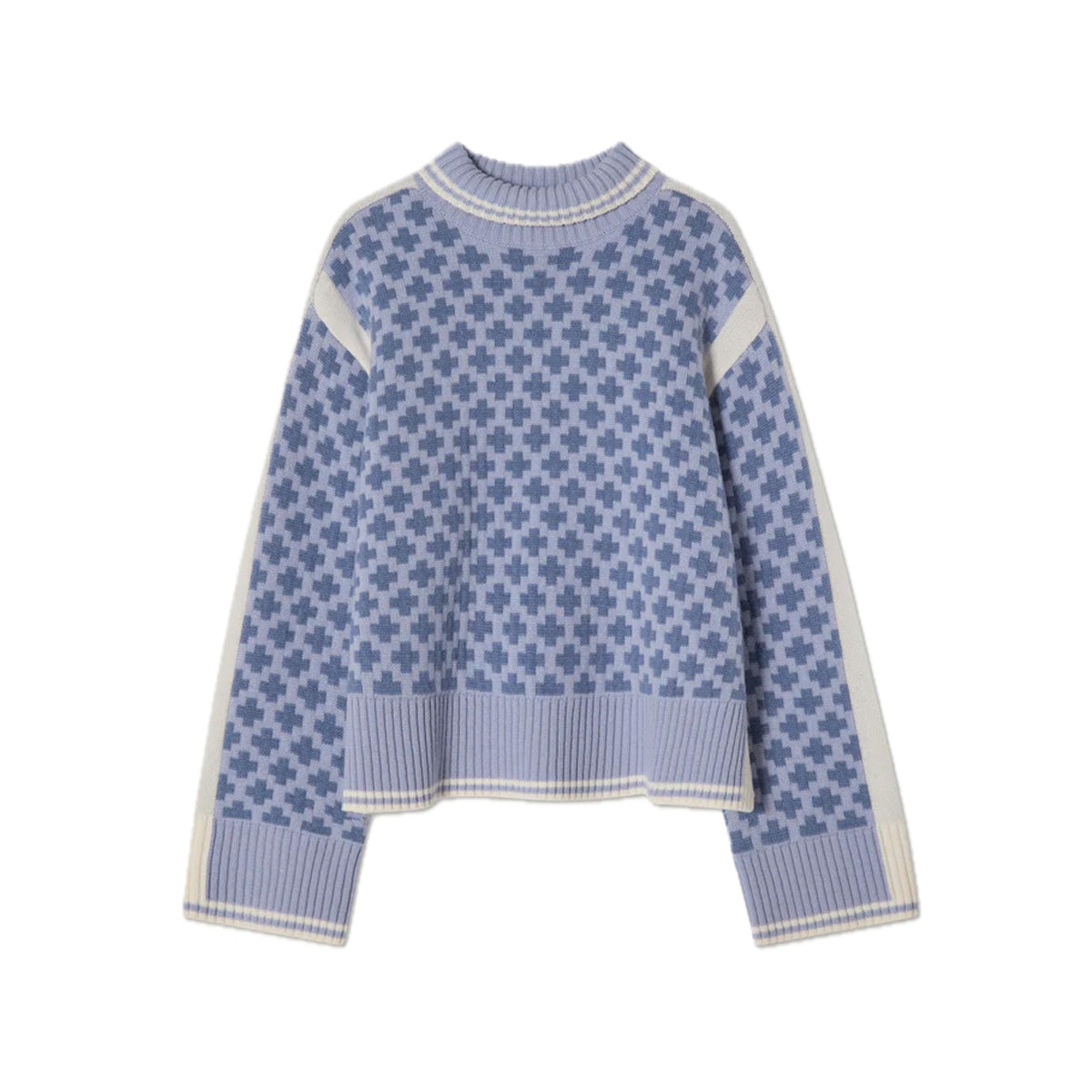 Front view of the Boat Sweater in Light Blue showcasing contrasting patterned panels and ribbed trim on white background