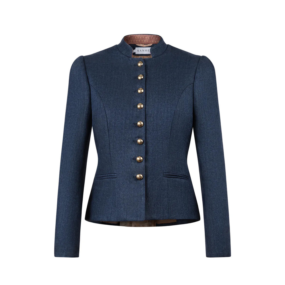 Front view of Annabelle Gens navy linen jacket showcasing mandarin collar, sculpted waist and gold button closures on white background