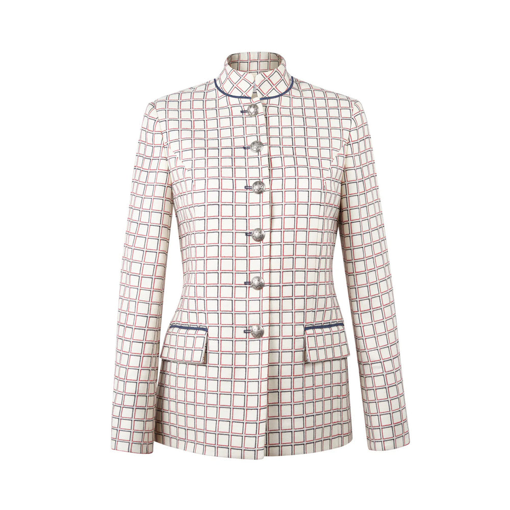 Front view of Camille Mondrian jacket, multicolor grid pattern, mandarin collar, tailored fit, silver buttons, white