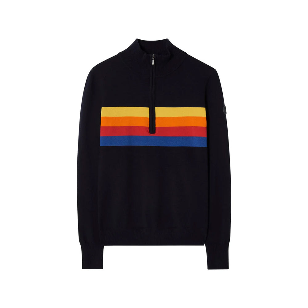 Front view of FreeBird zip-up sweater with quarter-zip mock neck and yellow, orange, red, and blue horizontal chest stripes on white background