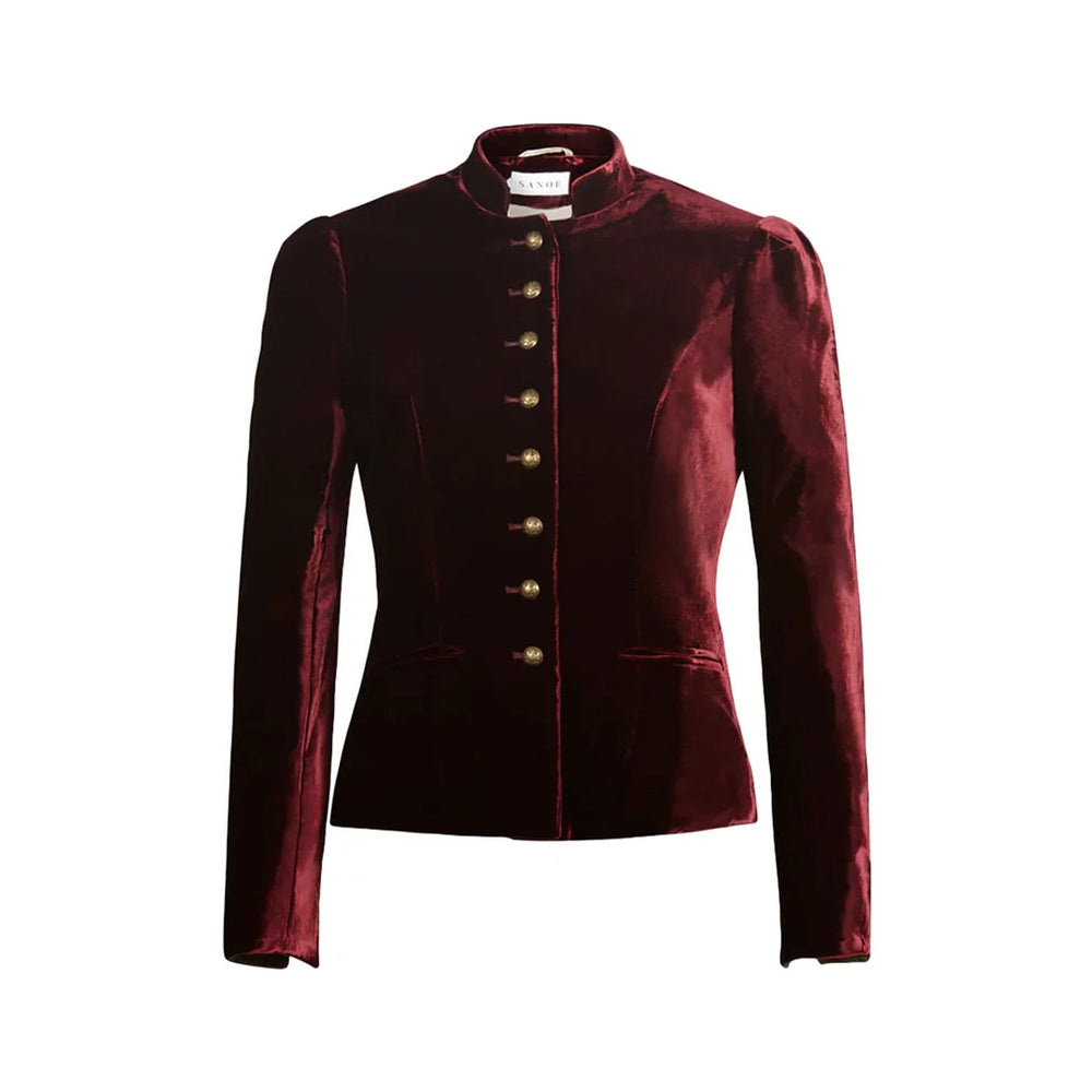 Front view of Annabelle Cabaret Jacket showcasing burgundy velvet, mandarin collar, and brass button front on white background