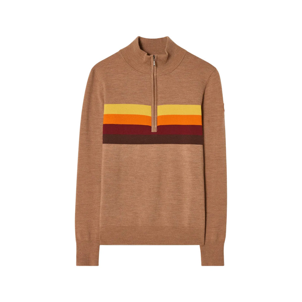 Front view of FreeBird Zip Up sweater showcasing quarter-zip mock neck and multicolor horizontal chest stripes on white background