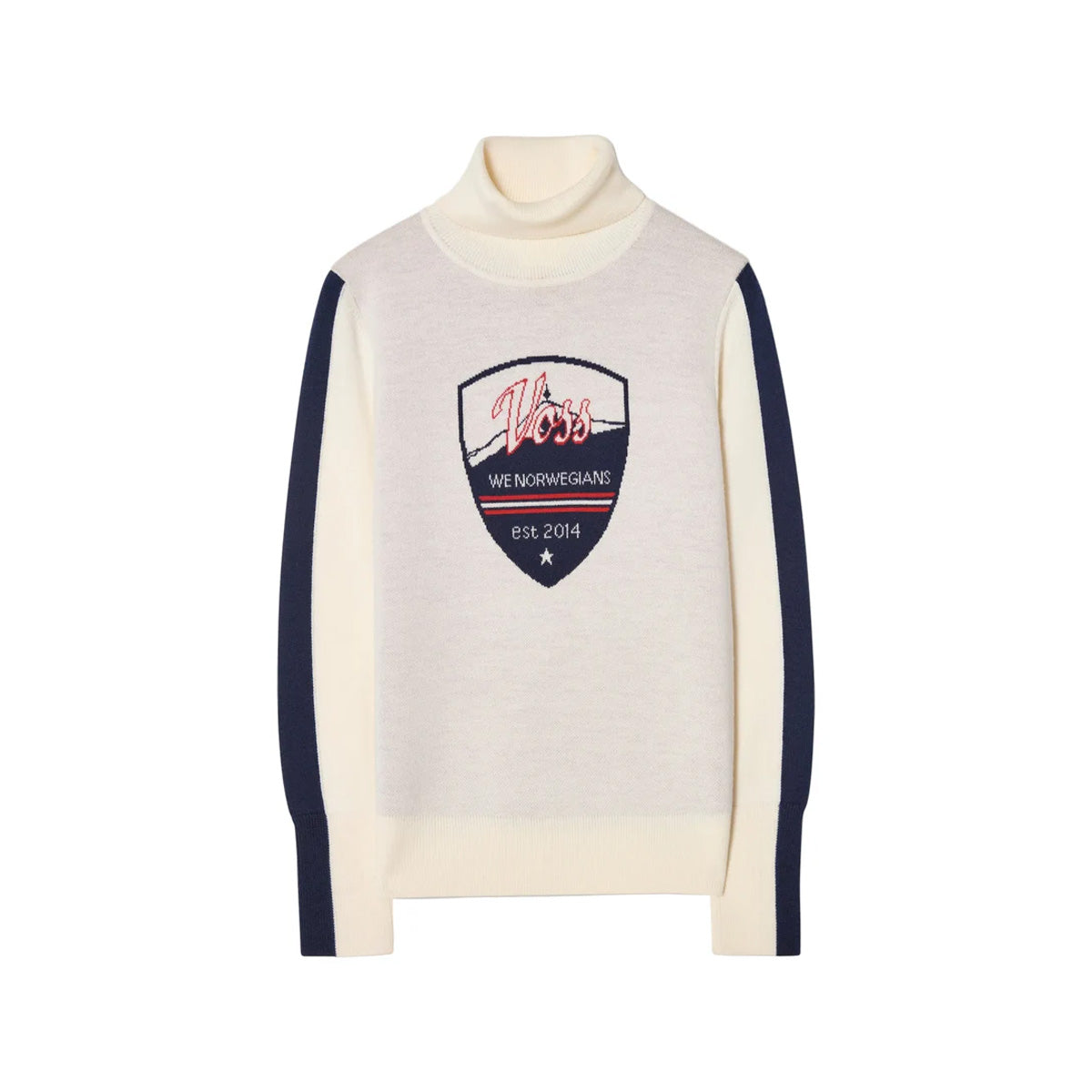Front view of AfterSki Sweater in Cream showcasing high neck, navy sleeve stripes, and Voss crest on white background