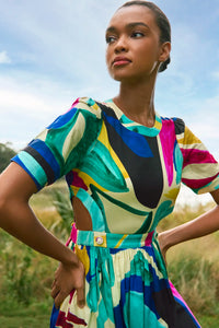 Midi dress in colorful print including pink, green, pink and black with side bodice cut-outs