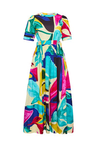 Midi dress in colorful print including pink, green, pink and black with side bodice cut-outs