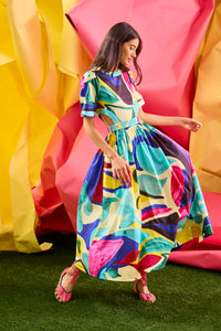 Midi dress in colorful print including pink, green, pink and black with side bodice cut-outs