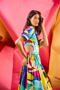 Midi dress in colorful print including pink, green, pink and black with side bodice cut-outs