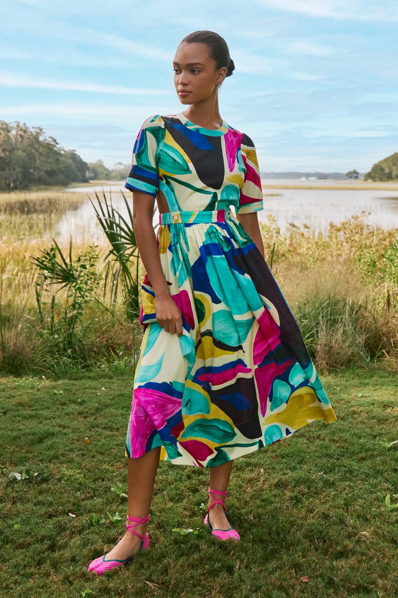 Midi dress in colorful print including pink, green, pink and black with side bodice cut-outs
