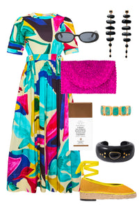 Midi dress in colorful print including pink, green, pink and black with side bodice cut-outs