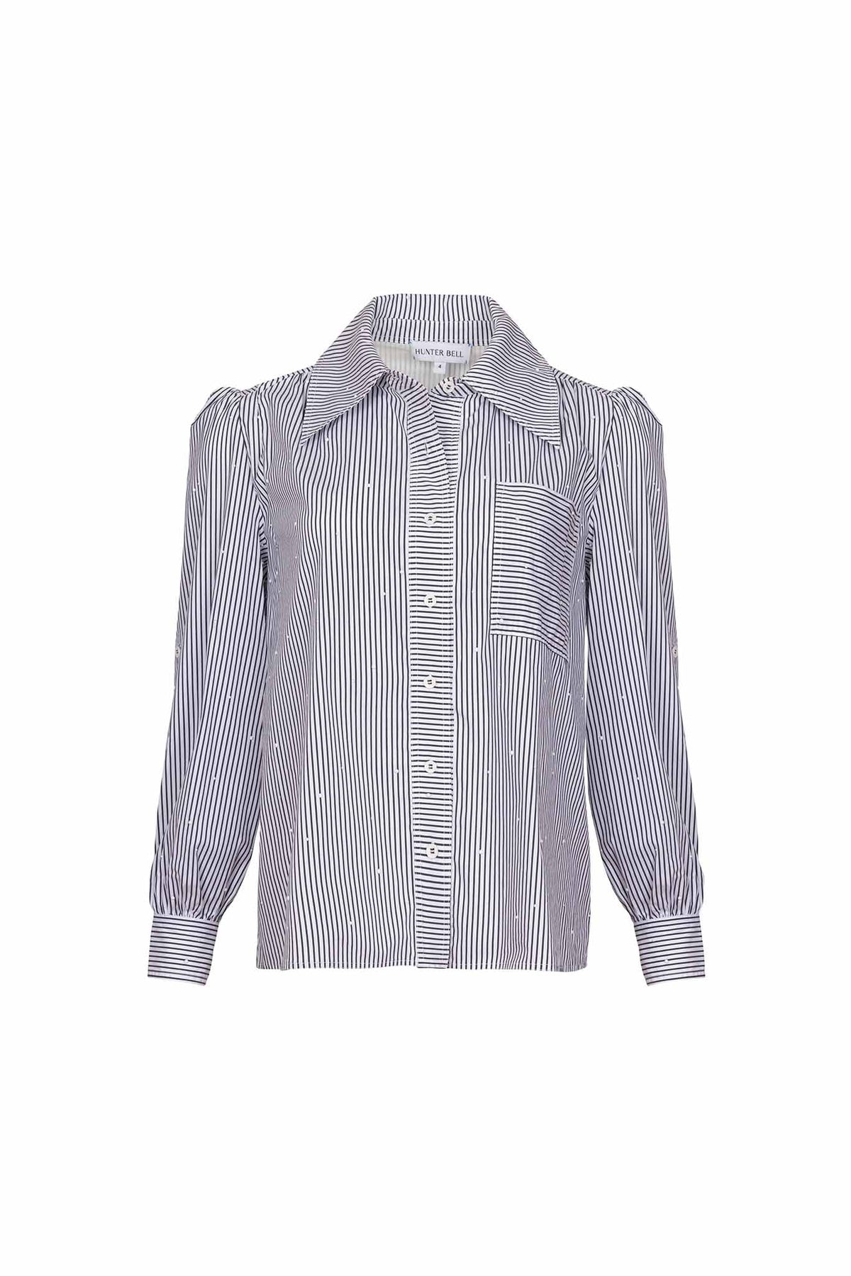 The Jade shirt is a long-sleeve collared shirt with roll-tab sleeves and white stone embellishments.