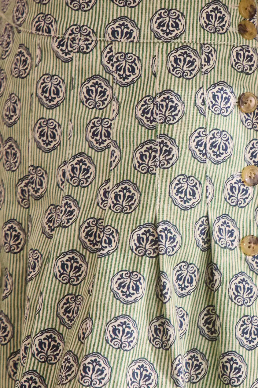 Stretch sateen pleated shorts with a banded waist in Navy Bird Block print.