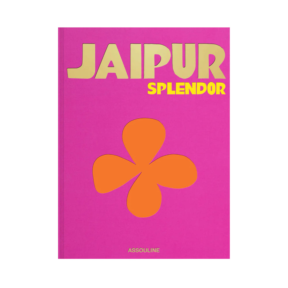 Front cover of Jaipur Splendor hardcover, pink silk with gold JAIPUR, yellow SPLENDOR, and orange flower motif