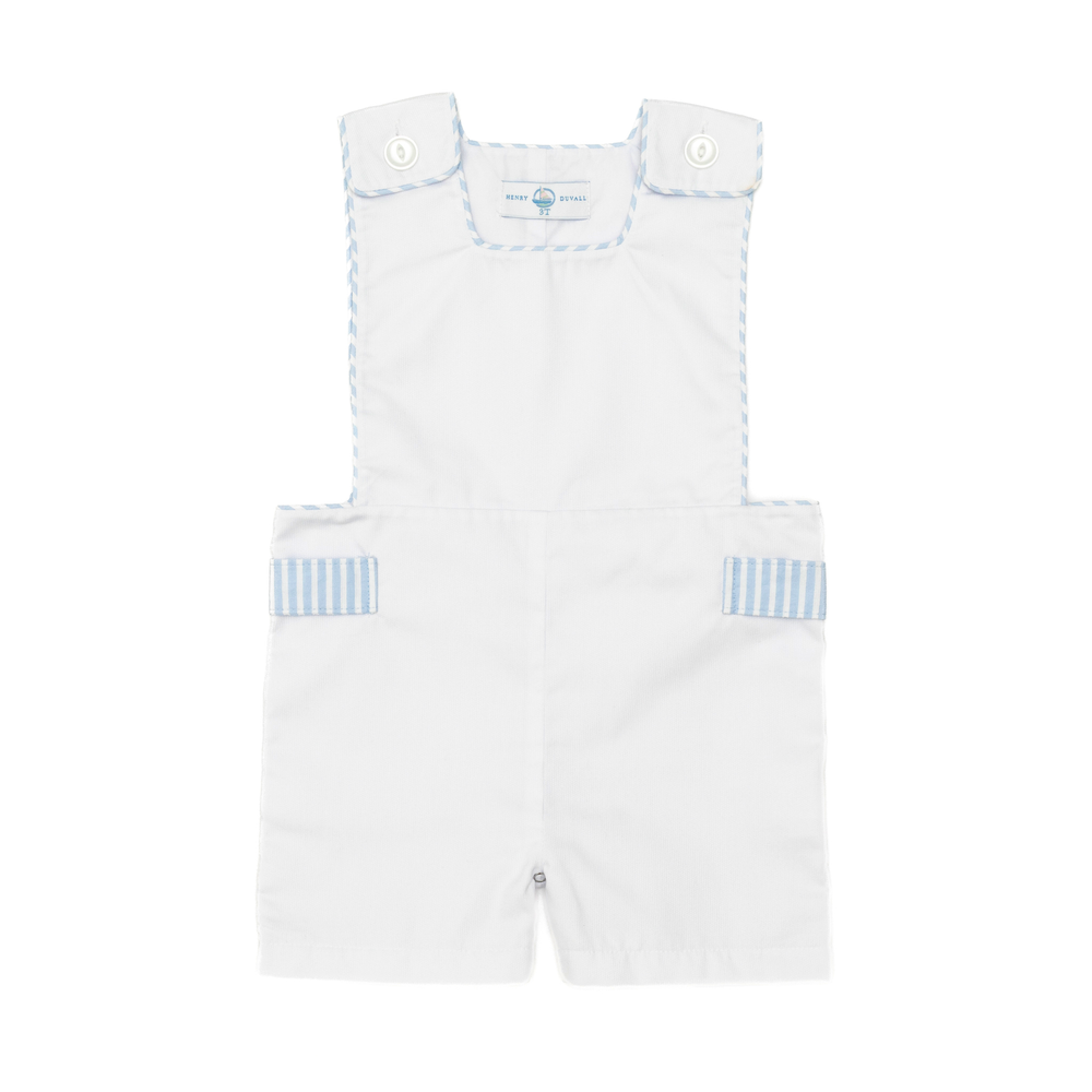 Front view of James Henry Jon Jon toddler one-piece showcasing Seaside Stripe blue trim and button shoulder straps on white background