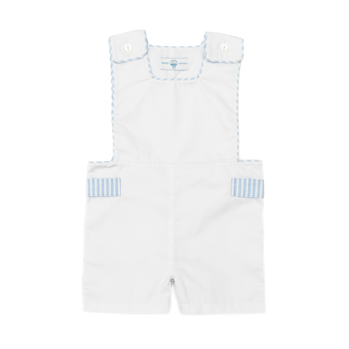 Front view of James Henry Jon Jon toddler one-piece showcasing Seaside Stripe blue trim and button shoulder straps on white background