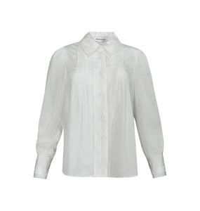 Front view of James Shirt in Ivory showcasing its collared button front, long sleeves, pintuck and lace details on white