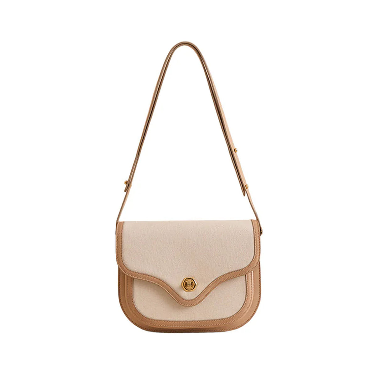 Front view of Jane shoulder bag in canvas natural with tan leather trim and gold turn-lock closure on white background