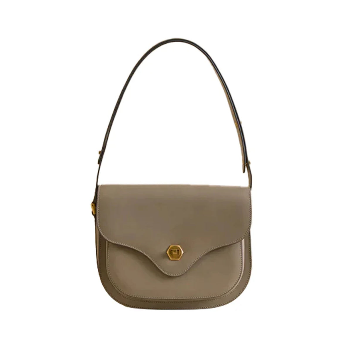 Front view of Jane shoulder bag in Vacchetta mushroom leather showcasing curved flap and gold hex clasp on white background