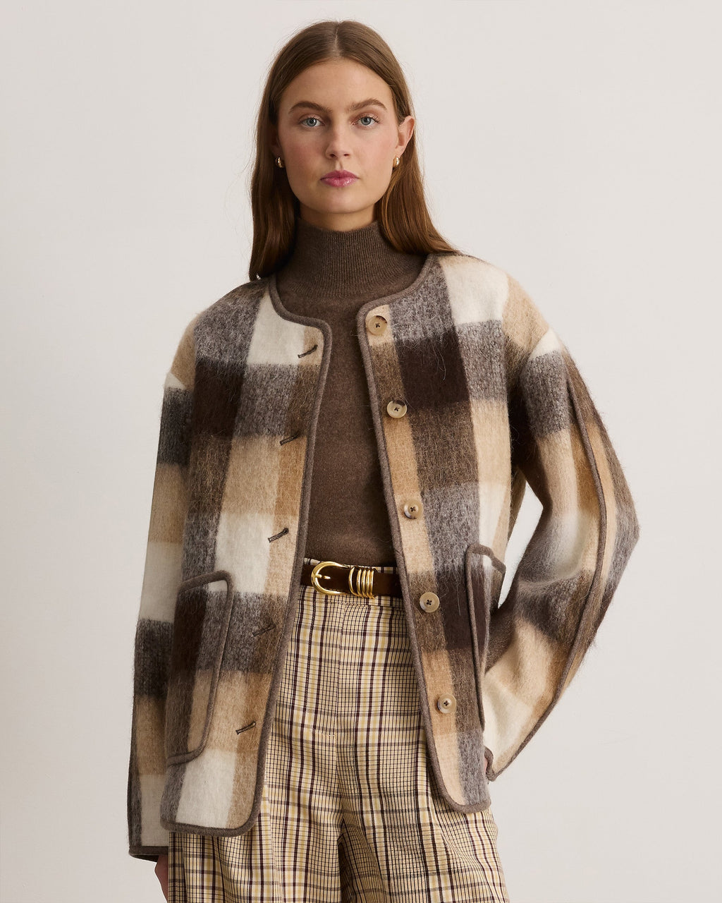 Janet Jacket in Pearl/Camel Plaid