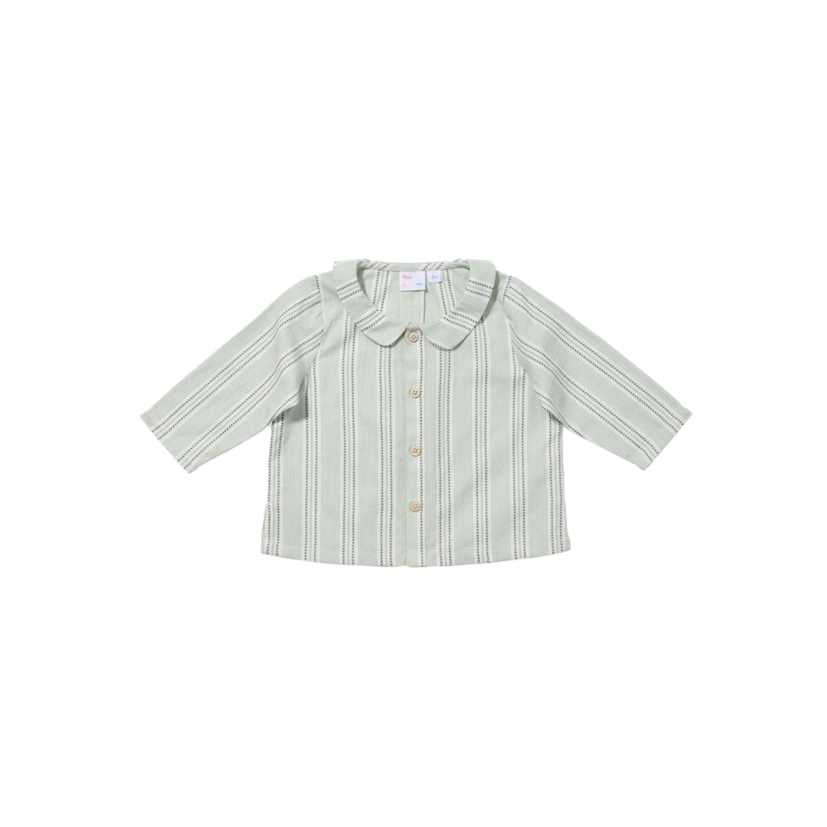Front view of Jefferson baby shirt, sage chevron stripe, button-front with rounded collar and long sleeves on white