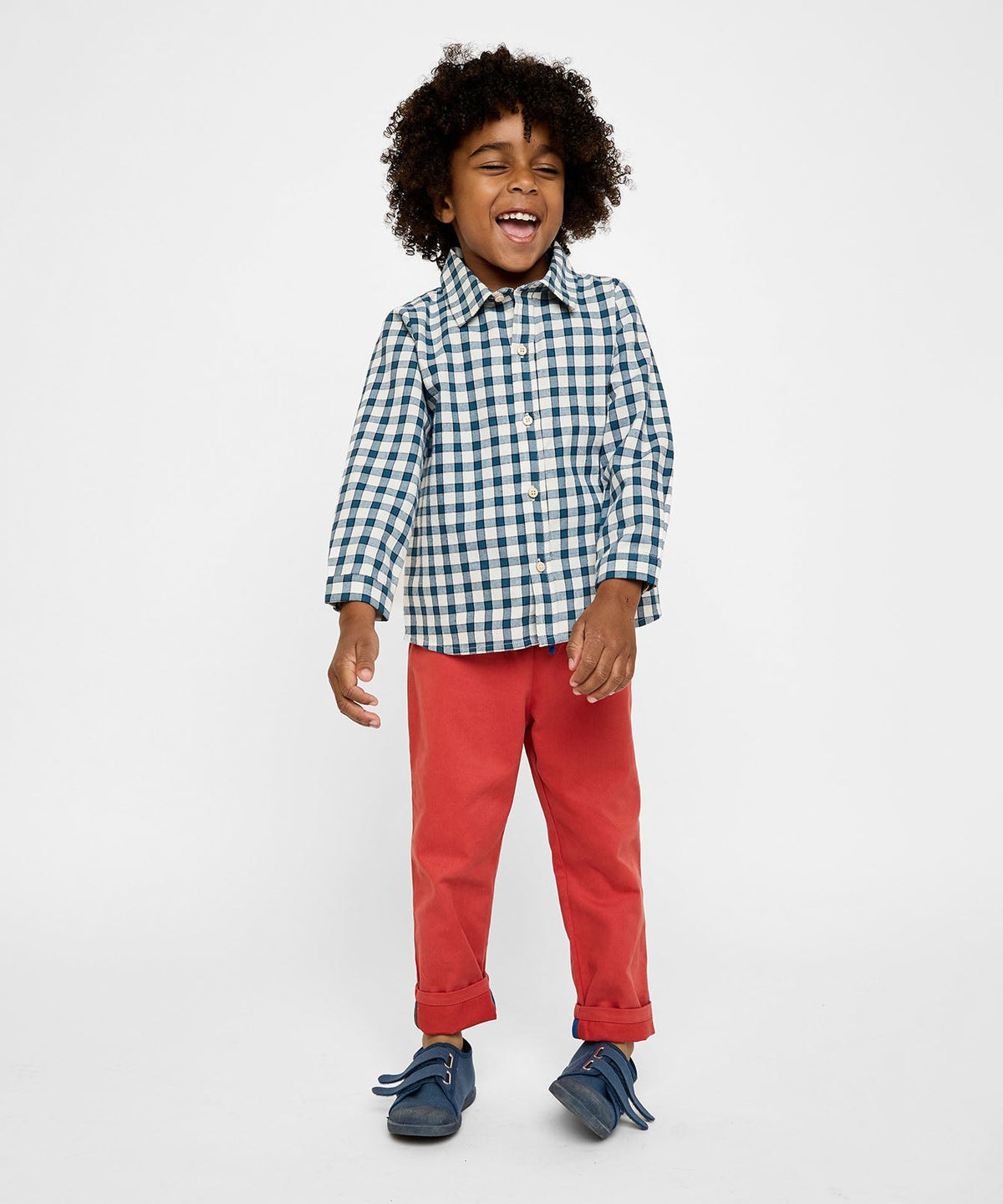 Front of Jeffie Shirt in blue picnic check worn by child model, relaxed fit with Peter Pan collar on white