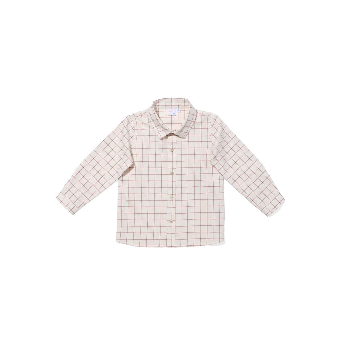 Front view of Jeffie Shirt in Pomegranate Plaid showcasing Peter Pan collar and button front on white background