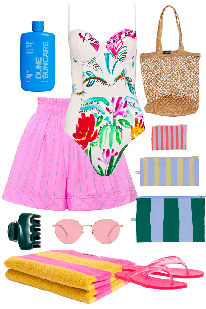 Pink and thin green striped flowy smocked shorts