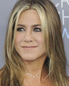 Jennifer Aniston shown wearing the Bullet Choker Chain in yellow gold., 14k yellow gold, 14k rose gold, 14k white gold
