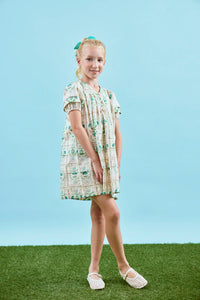 Kids Jenkins Dress, puff sleeve dress, in Pink Trellis.