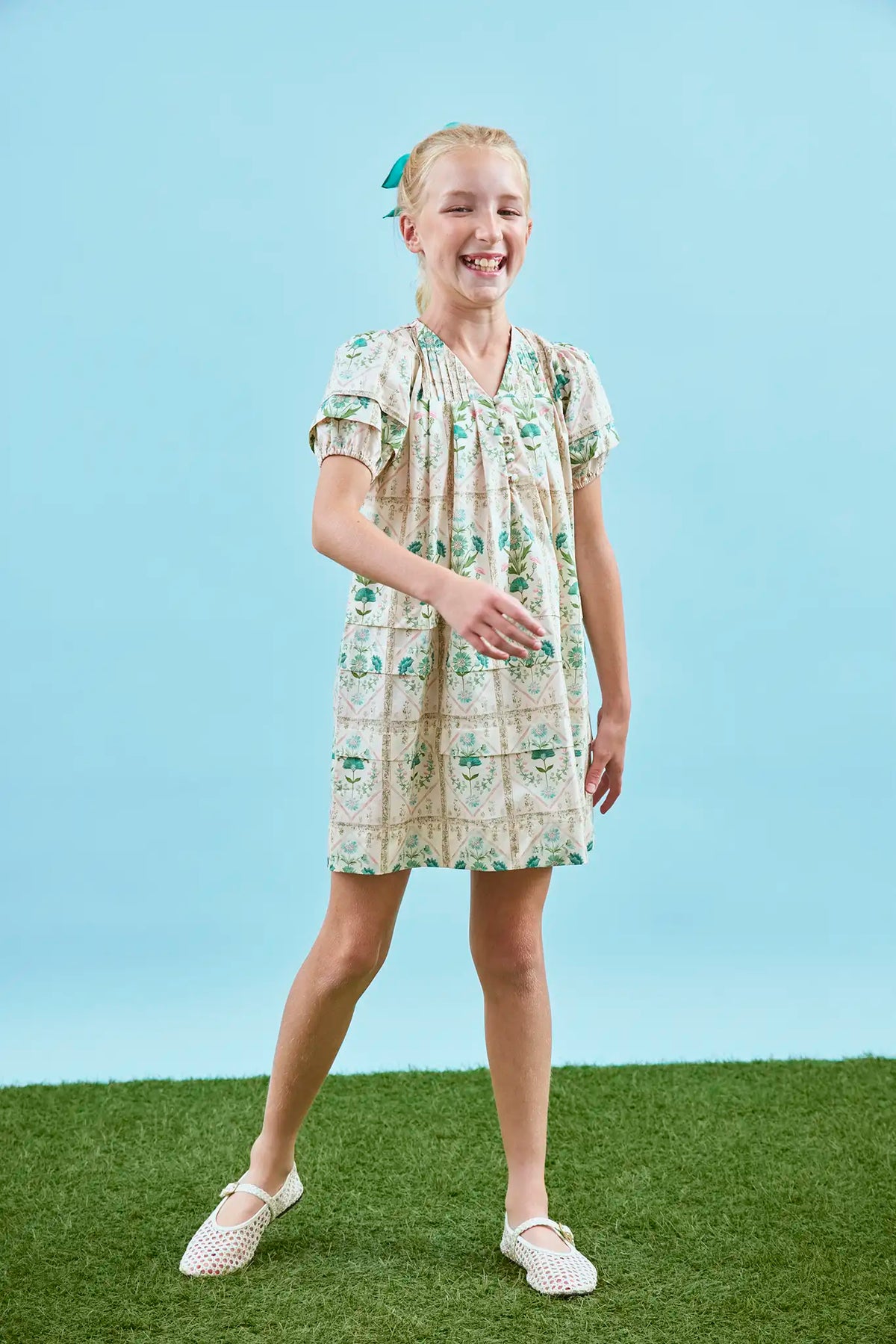 Kids Jenkins Dress, puff sleeve dress, in Pink Trellis.