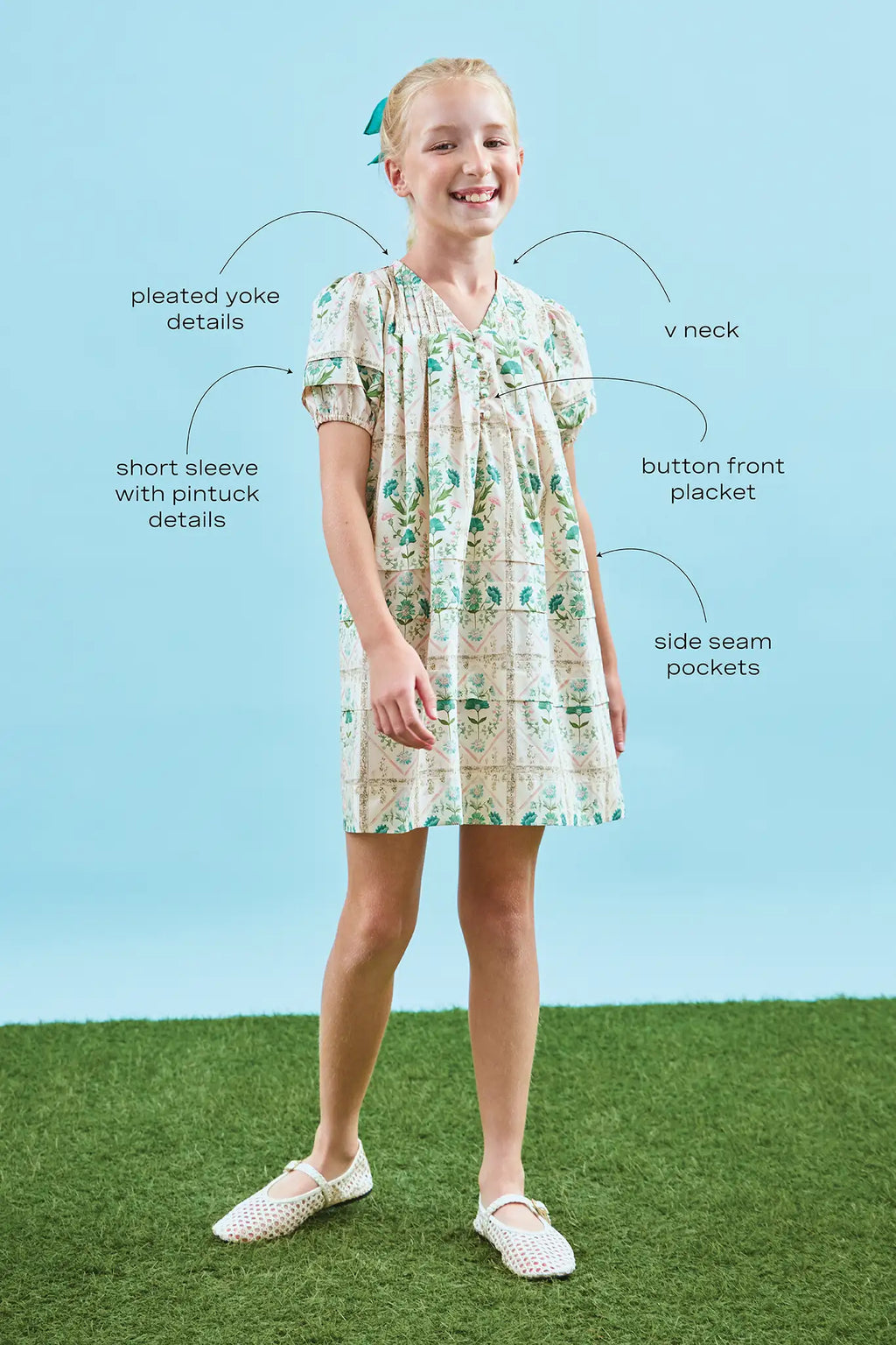 Kids Jenkins Dress, puff sleeve dress, in Pink Trellis with call outs.
