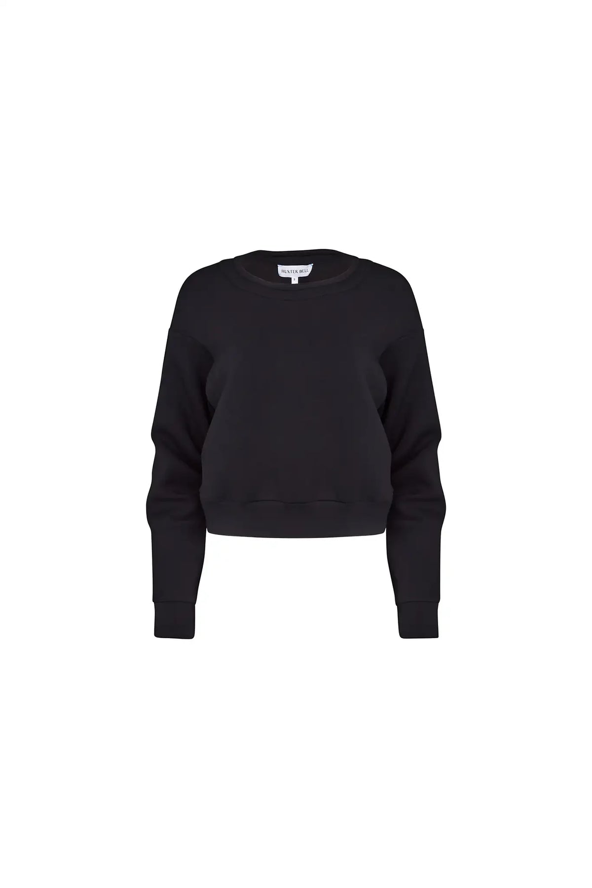 The Jennie Sweatshirt is a structured scuba in deep Onyx with pleated long sleeves.