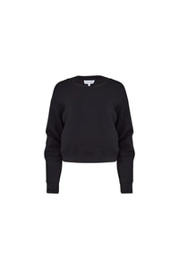 The Jennie Sweatshirt is a structured scuba in deep Onyx with pleated long sleeves.