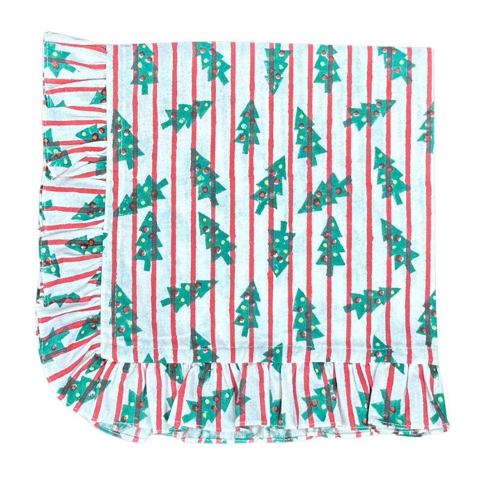 ruffle christmas napkin with red stripes and christmas trees.