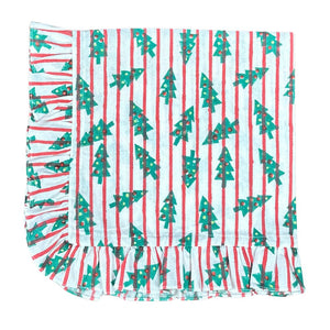 ruffle christmas napkin with red stripes and christmas trees.