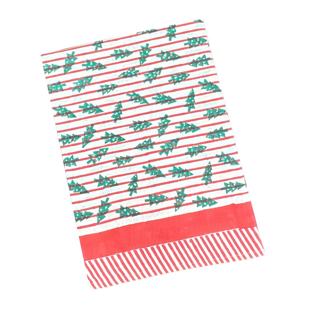 red stripe christmas tablecloth with christmas trees. Hand block printed. Red and green.