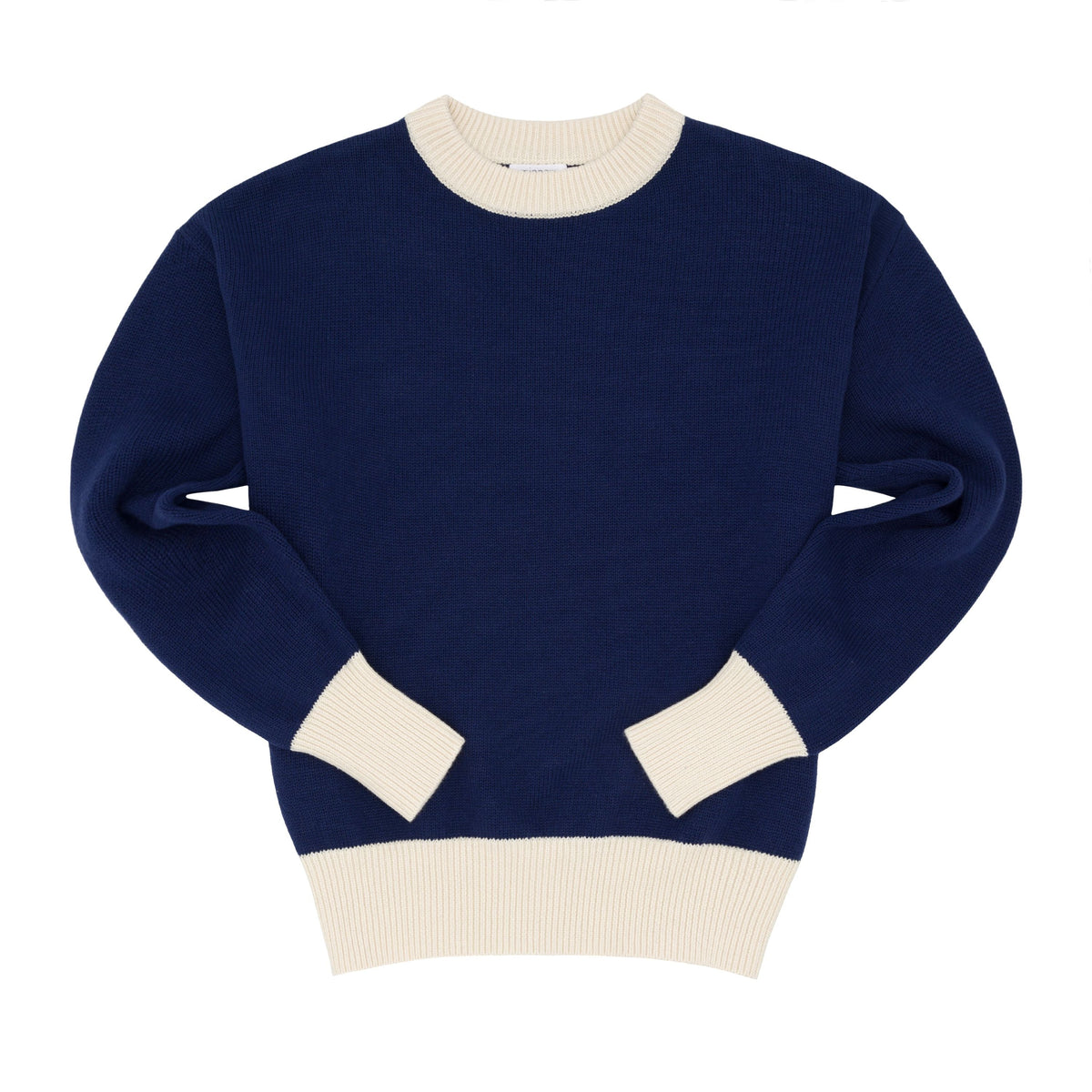 Front view of Women’s Navy With Cream Trim Knit Sweater showcasing dolman sleeves and ribbed hem with a white background