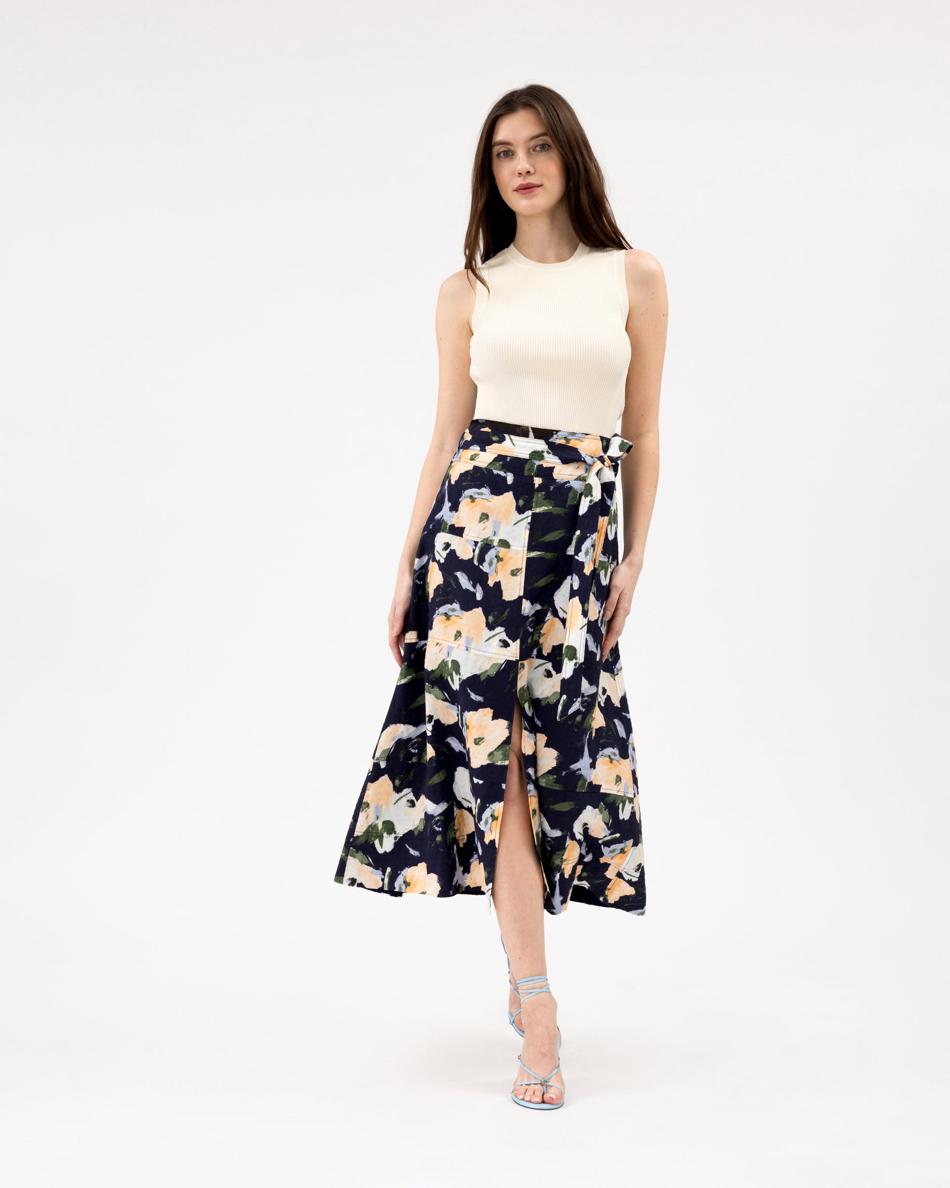 Linen Hudson Skirt in Midnight & Powder Blue Multi