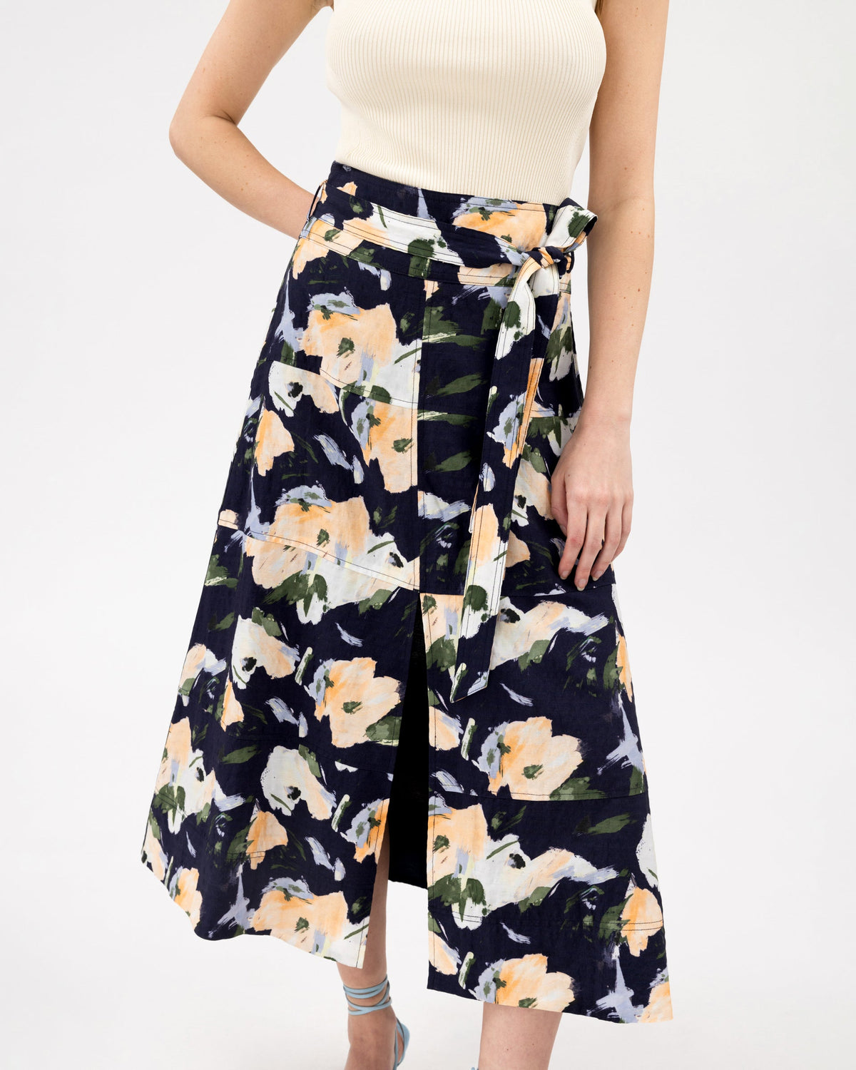 Linen Hudson Skirt in Midnight & Powder Blue Multi