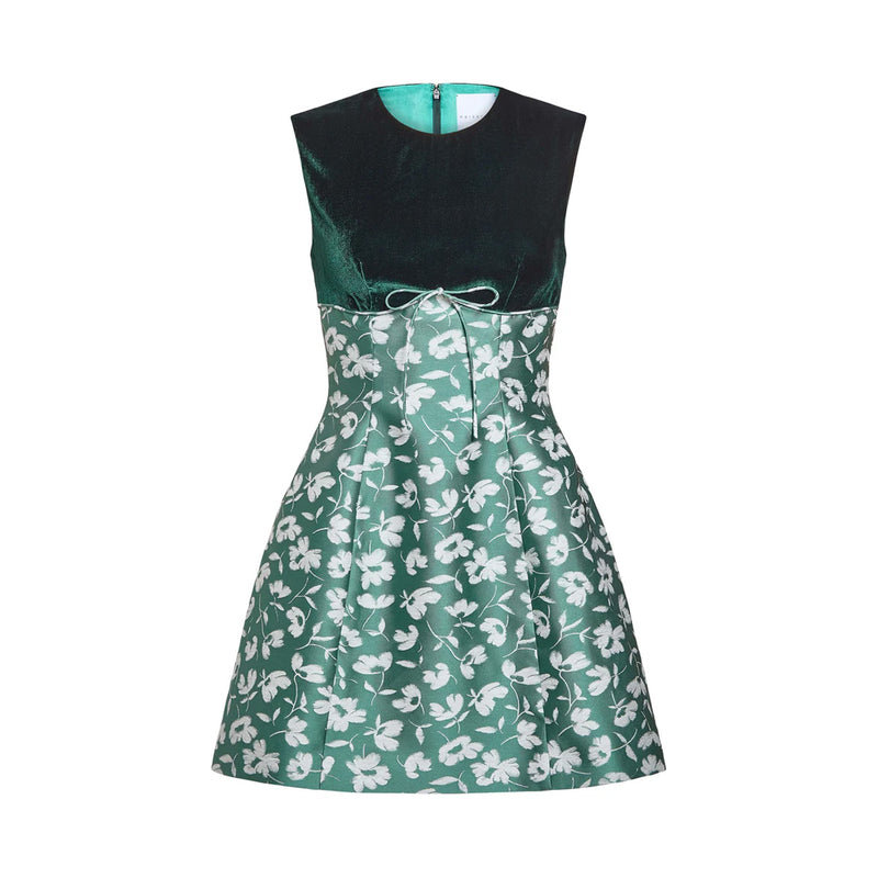 Jolie Green and White Floral Brocade Contrasting Bodice Mini Dress