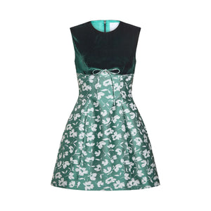 Jolie Green and White Floral Brocade Contrasting Bodice Mini Dress