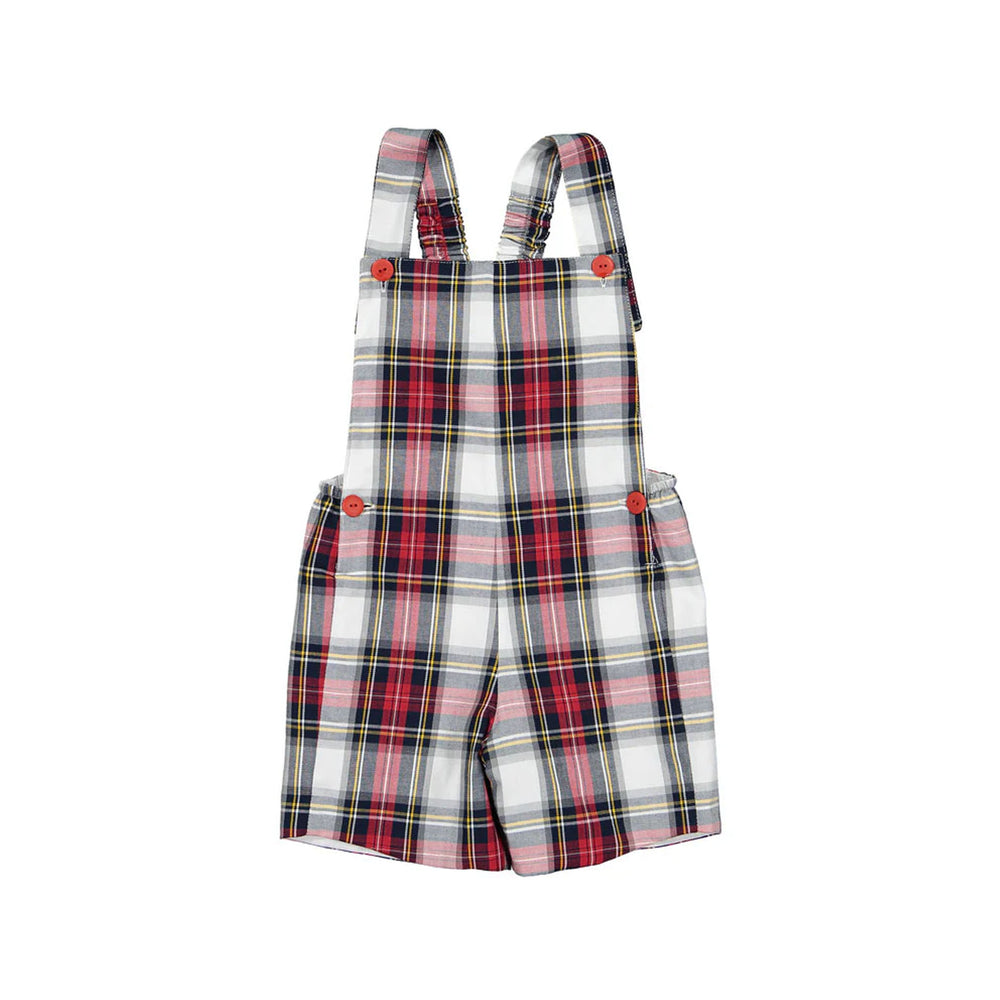 Front view of Jolly Tartan Boy Overall showing red tartan plaid with buttoned adjustable shoulder straps on white background