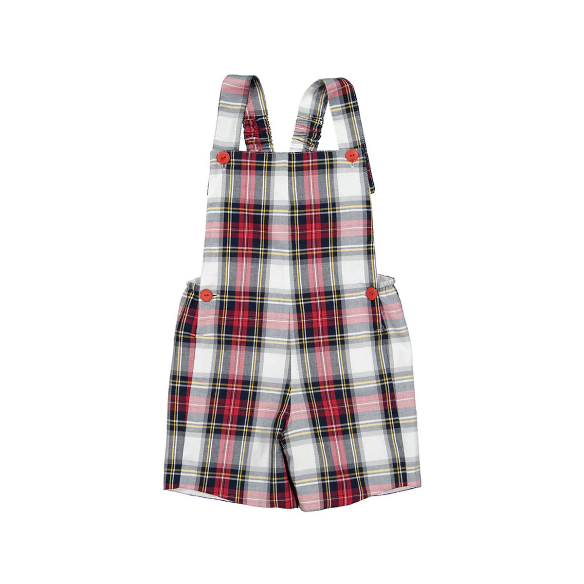 Front view of Jolly Tartan Boy Overall showing red tartan plaid with buttoned adjustable shoulder straps on white background