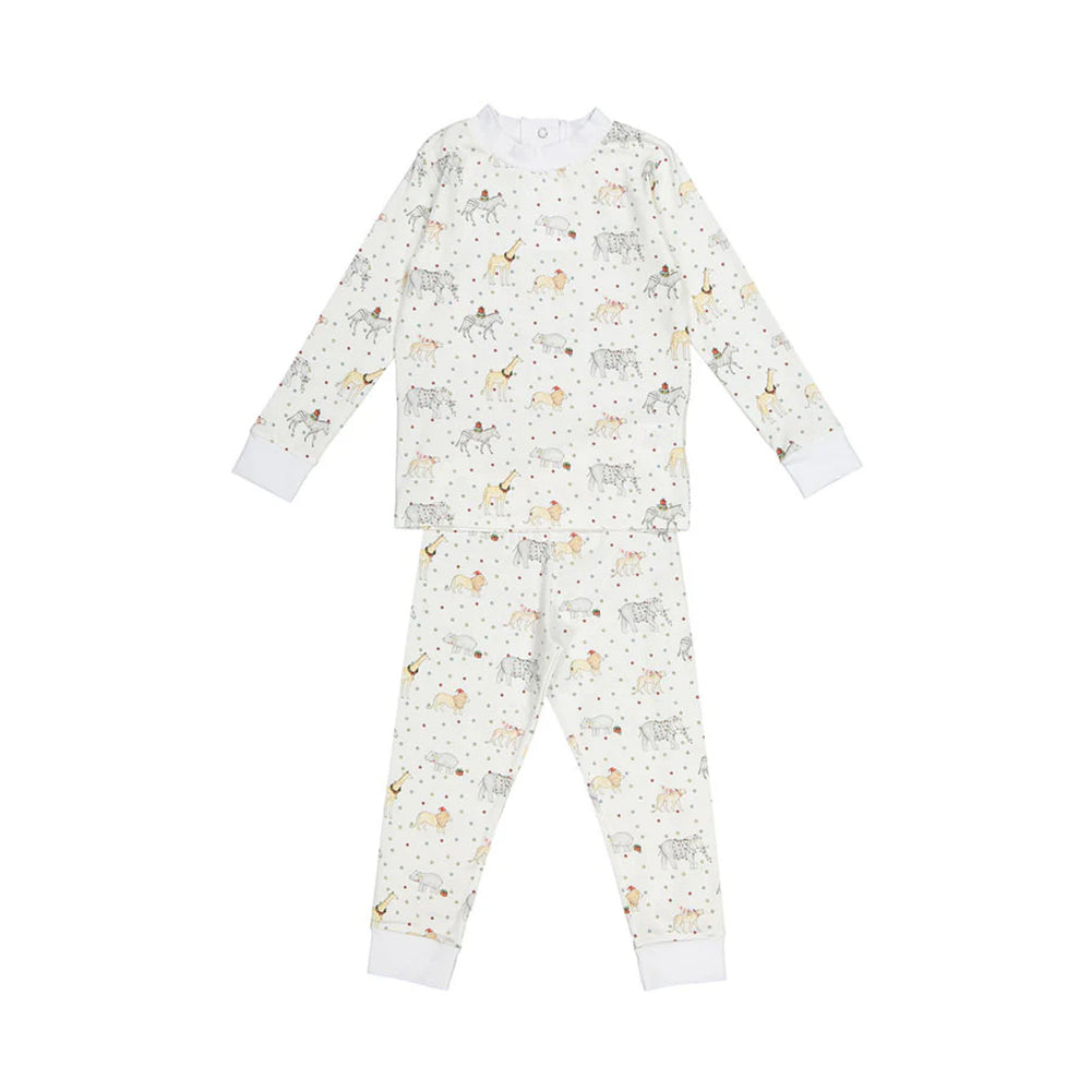 Front flat lay of Jolly Zoo Boy Pajama showcasing long sleeves, cuffed ankles and all-over lion, giraffe and elephant print on white background